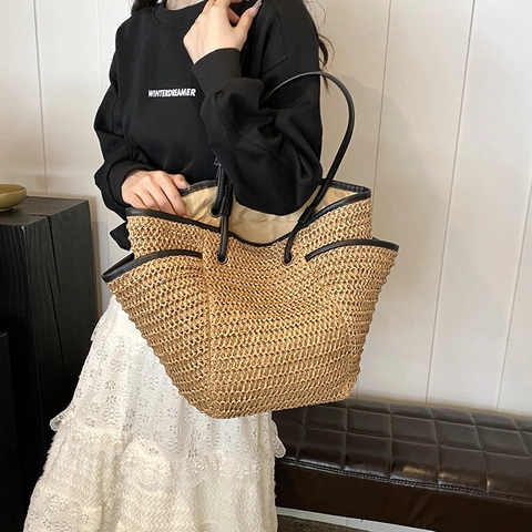 Bolso Tote de Tejido de Paja de Gran Capacidad para Mujer Verano Playa Vacaciones Con Correas de Cuero PU Patchwork de Color