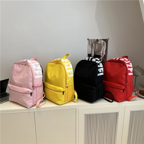 Japanese Style Solid Color Backpack Nylon Large Capacity Schoolbag For Students Travel Commuting Lightweight Letter Print