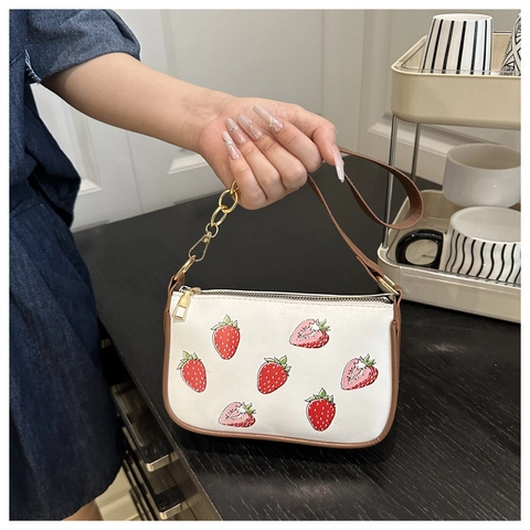 Borsa Sottobraccio Con Stampa Fragola Pelle PU Borsa A Spalla Con Catena Dorata Chiusura Con Cerniera Dolce Fresca Per Donne