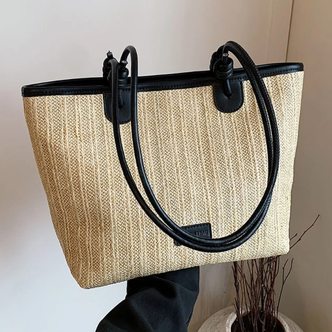 Borsa Tote Grande In Paglia Intrecciata Da Donna Tracolla In Pelle PU A Contrasto Estate Spiaggia Vacanza Casual