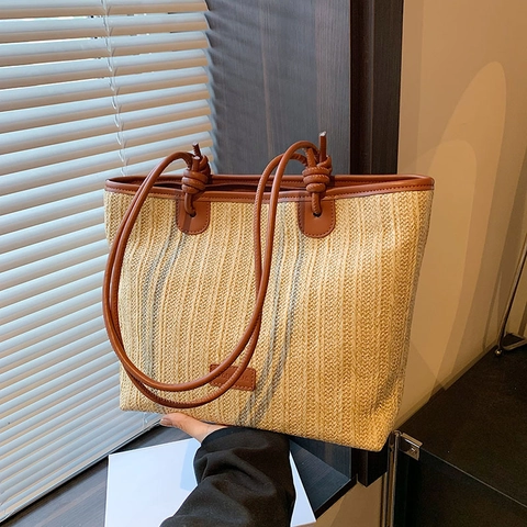 Borsa Tote Grande In Paglia Intrecciata Da Donna Tracolla In Pelle PU A Contrasto Estate Spiaggia Vacanza Casual
