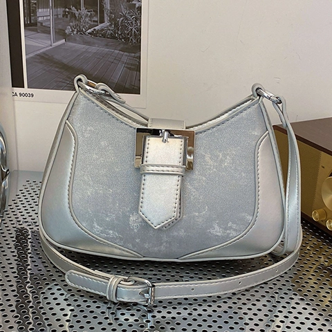 Borsa Sottobraccio in Pelle PU Nuovo Stile Cinese Donna Fibbia Metallica Borsa Hobo Mezzaluna Retro Spalla Tracolla Borsetta
