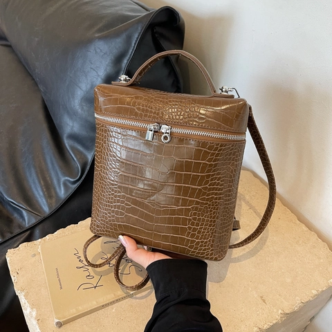 Women Croc Embossed PU Leather Backpack Niche Design Multi-use Boxy Shoulder Bag Handbag With Silver Zipper Daily Chic Versatile