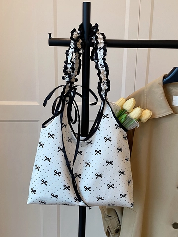 Borsa Tote Dolce Da Donna Tela Bianca Stampa Pois Neri Fiocco Tracolla Con Volant Fibbia Magnetica Borsa A Mano Semplice