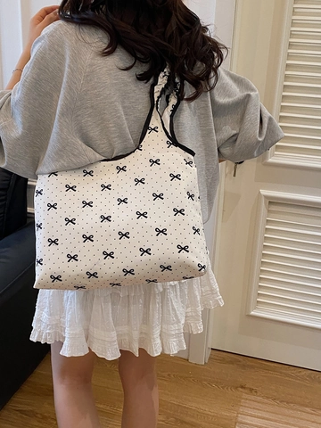 Borsa Tote Dolce Da Donna Tela Bianca Stampa Pois Neri Fiocco Tracolla Con Volant Fibbia Magnetica Borsa A Mano Semplice