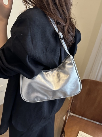 Sac à Bandoulière Croissant Minimaliste pour Femmes en Cuir PU Métallique Brillant Sac Hobo sous l'Aisselle Sangle Réglable Urbain