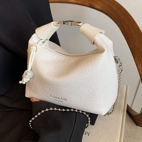 Borsa A Spalla Da Donna Pelle PU Trama Pieghettata Catena Metallica Mano Chic Minimalista Estate Moda