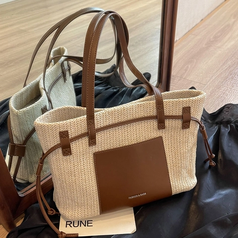 Bolso Tote Tejido Paja Cuero PU Gran Capacidad Color Contraste Bolso De Mano De Playa De Verano Para Mujeres Informal