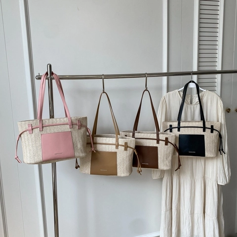 Bolso Tote Tejido Paja Cuero PU Gran Capacidad Color Contraste Bolso De Mano De Playa De Verano Para Mujeres Informal