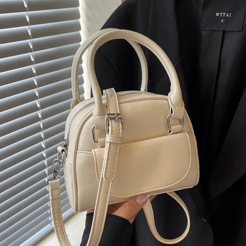 Women Retro PU Leather Shell Bag Chic Korean Ins Style Crossbody Shoulder Handbag Small Bowling Bag Solid Color Tote