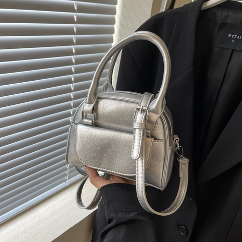 Women Retro PU Leather Shell Bag Chic Korean Ins Style Crossbody Shoulder Handbag Small Bowling Bag Solid Color Tote