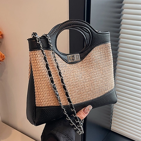 Dames Mode Stro Geweven Schoudertas Leer Patchwork Emmer Tas Met Rond Handvat Metalen Kettingriem Crossbody Tas