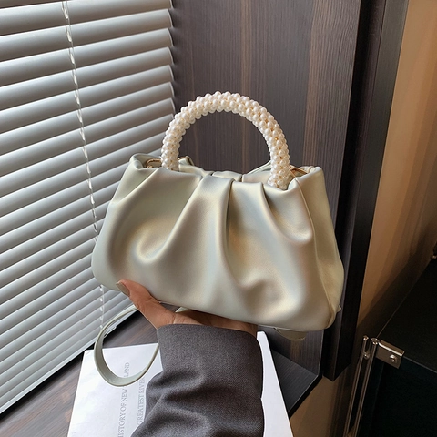 Women Pearlescent Ruched Cloud Bag Elegant Artificial Pearl Handle Shoulder Crossbody Bag Niche Design PU Leather Handbag For Party