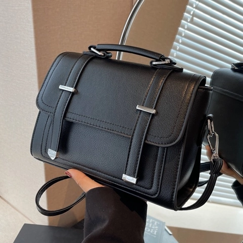 Women Vintage PU Leather Small Square Bag Lychee Pattern Crossbody Shoulder Bag With Silver Hardware Handbag Office Daily