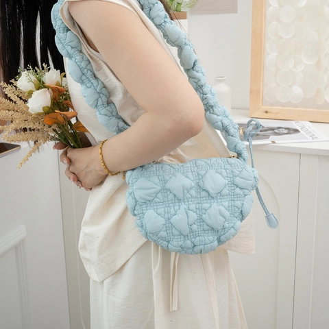 Women's Puffer Quilted Shoulder Bag Nylon Bubble Pleated Cloud Crossbody Bag Puffy Satchel Purse Solid Versatile Handbag