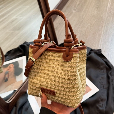 Dames Stro Geweven Bucket Bag Kunstleer Patchwork Handtas Crossbody Met Verstelbare Riem Zomer Strand Mode
