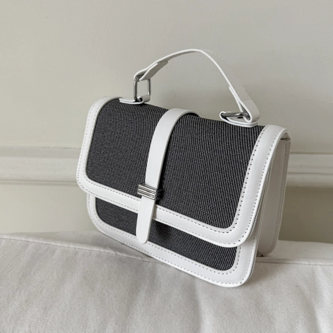 Bolso Cuadrado Pequeño de Moda para Mujer Lona y Cuero PU Diseño de Bloque de Color Bolso de Mano Vintage con Solapa para Uso Diario