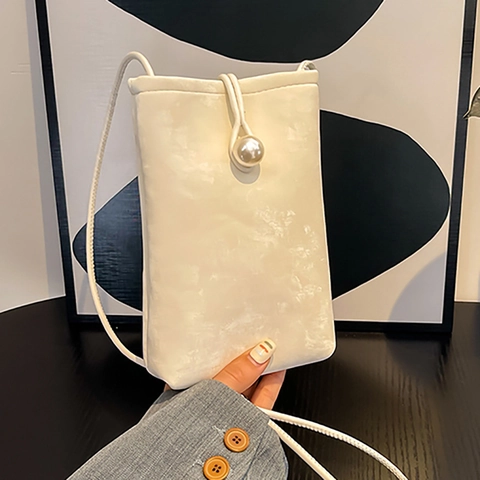 Borsa a Tracolla Mini per Cellulare da Donna con Bottone di Perla Artificial Nuovo Stile Cinese in Pelle PU Borsa Quadrata Piccola Minimalista Borsa da Spalla