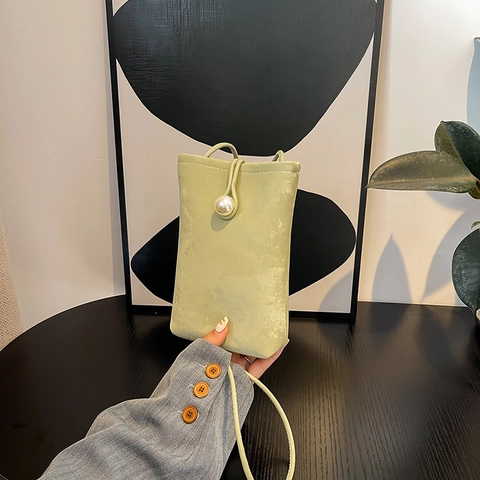 Borsa a Tracolla Mini per Cellulare da Donna con Bottone di Perla Artificial Nuovo Stile Cinese in Pelle PU Borsa Quadrata Piccola Minimalista Borsa da Spalla