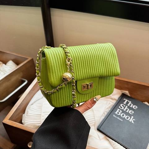 Vertical Pleated Crossbody Bag For Women PU Leather Golden Ball Chain Shoulder Bag Square Turn Lock Simple Fashion
