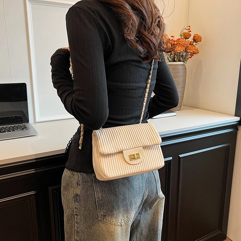 Vertical Pleated Crossbody Bag For Women PU Leather Golden Ball Chain Shoulder Bag Square Turn Lock Simple Fashion