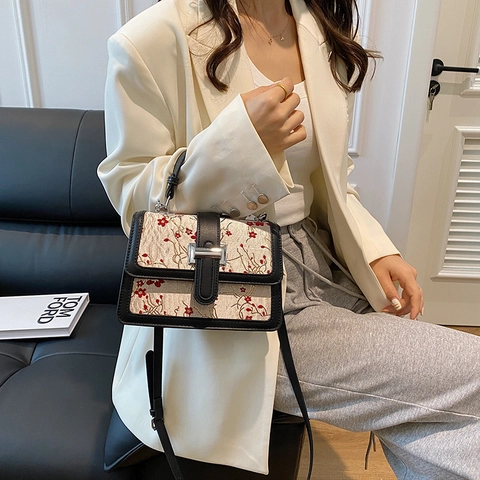 New Chinese Style Women Floral Embroidery Small Square Bag PU Leather Shoulder Crossbody Bag Vintage Tote Handbag