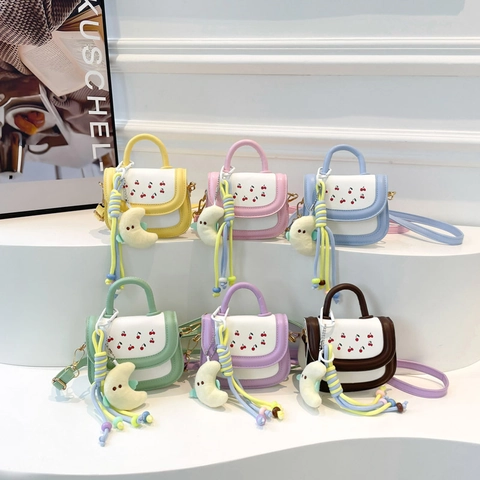 Mode Dames PU Leer Mini Schoudertas Trend Kersendruk Contrast Kleur Crossbody Tas Kleine Vierkante Tas Handtas