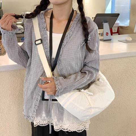 Women's Nylon Crescent Shoulder Bag Lightweight Multi Pocket Crossbody Bag With Adjustable Strap Solid Color Dumpling Bag