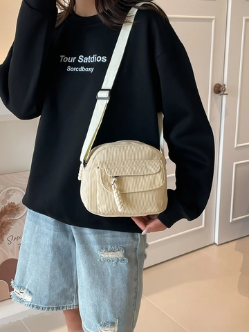 Bolso de Hombro Casual de Pana para Mujer Color Sólido Simple Bolso Bandolera Con Bolsillo Delantero de Solapa Correa Ajustable