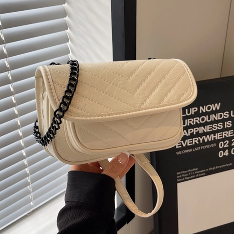 Chevron Quilted Shoulder Bag PU Leather Flip Small Square Purse With Metal Chain Strap Fashion Chic For Women