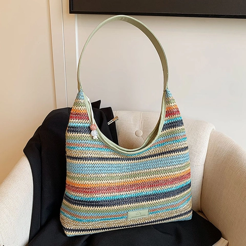 Regenbogen Gestreift Stroh Gewebt Schultertasche Boho Große Kapazität Hobo Tote Für Frauen Urlaub Lässig