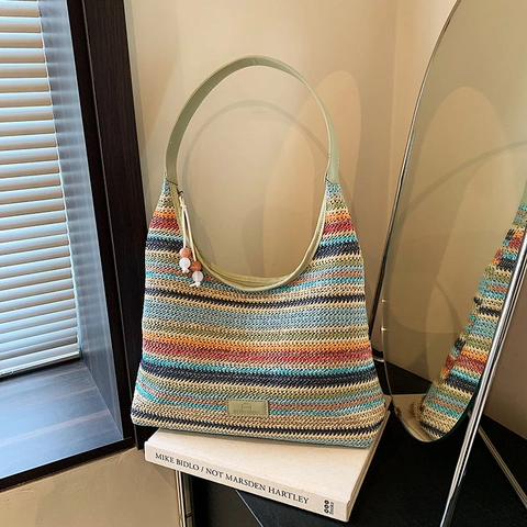 Regenbogen Gestreift Stroh Gewebt Schultertasche Boho Große Kapazität Hobo Tote Für Frauen Urlaub Lässig