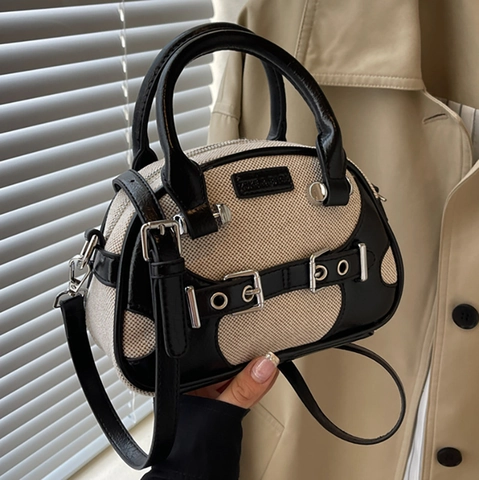 Borsa Boston Retro Donna Tela Pelle PU Giunzione Borsa A Tracolla Con Tracolla Rimovibile Vintage Versatile