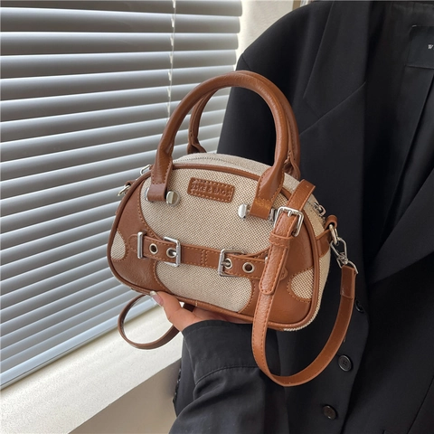 Borsa Boston Retro Donna Tela Pelle PU Giunzione Borsa A Tracolla Con Tracolla Rimovibile Vintage Versatile