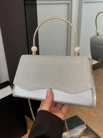 Elegante Pailletten Avondtas Voor Dames Kunstparel Decor Metalen Handvat Gouden Ketting Schoudertas Bruiloft Banket Feest Dames Handtas Clutch