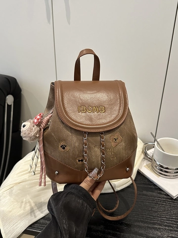 Mini Zaino da Donna alla Moda in Pelle PU Denim Giunzione Ricamo Orso Cuore Catena Decorativa Zainetto Casual da Viaggio