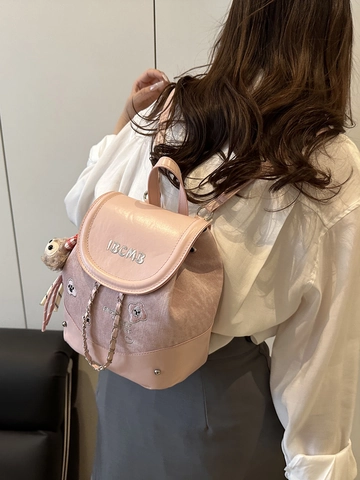 Mini Zaino da Donna alla Moda in Pelle PU Denim Giunzione Ricamo Orso Cuore Catena Decorativa Zainetto Casual da Viaggio