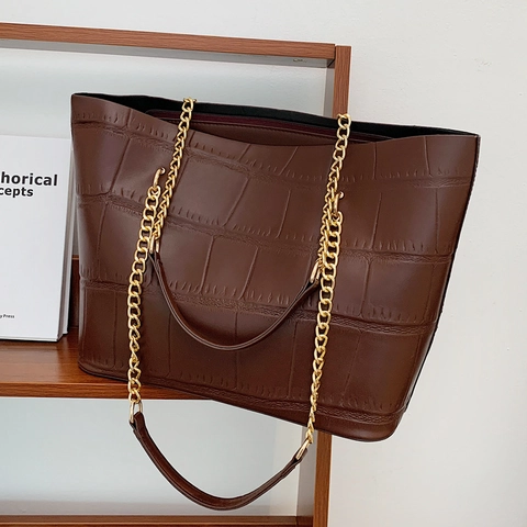 Women's Fashion Crocodile Pattern PU Leather Tote Bag Large Capacity Commuter Shoulder Bag With Metal Chain Strap