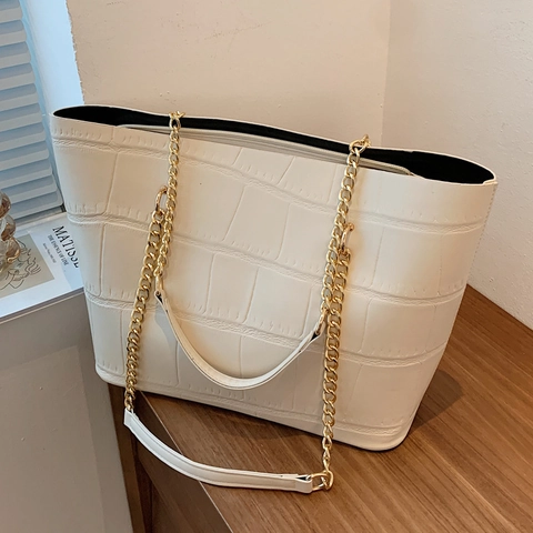 Women's Fashion Crocodile Pattern PU Leather Tote Bag Large Capacity Commuter Shoulder Bag With Metal Chain Strap