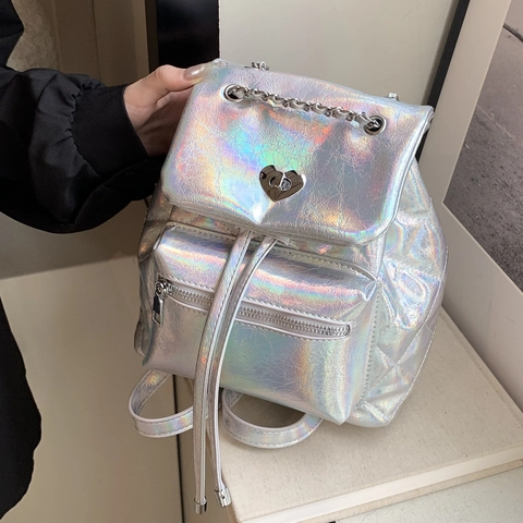 Zaino alla Moda in Pelle PU Trapuntata per Donna Con Chiusura a Cuore Tracolla a Catena Argento Iridescente Nero Mini Zainetto