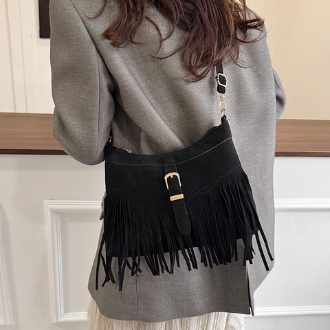 Fringe Tassel Shoulder Bag Suede Texture PU Leather Bohemian Style Adjustable Strap Vintage Crossbody For Women