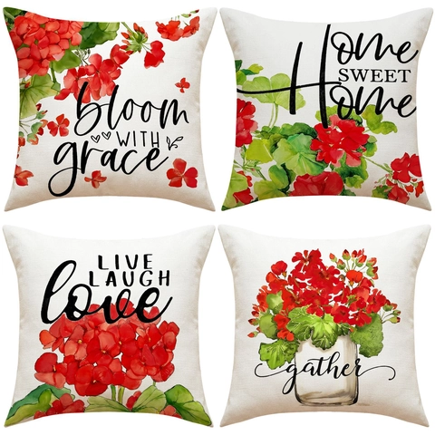 Taie d'Oreiller en Lin Ferme Imprimé Floral Géranium Rouge Carré Avec Fermeture Éclair Invisible Pour Décoration Maison