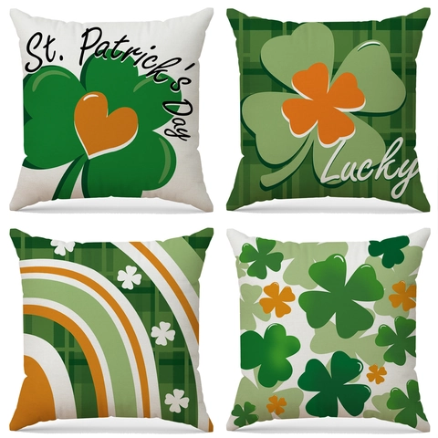 Funda De Cojín Decorativa San Patricio Estampado Trébol Suerte Lino Verde Para Sofá Salón Decoración Hogar