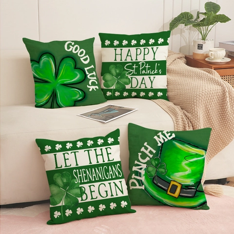 St Patricks Day Leinen Kissenbezug Kleeblatt Vierblättriges Kleeblatt Dekorativer Kissenbezug Grün Glück Home Dekor