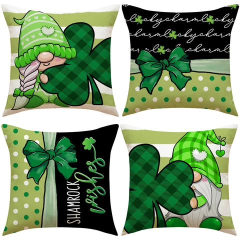 St Patrick's Day Pillowcases Linen Blend Cushion Covers With Nordic Gnome Shamrock Clover Print For Home Sofa Decorative