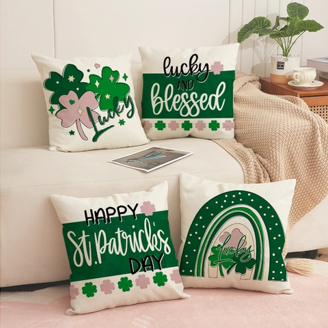 St. Patrick's Day Shamrock Linen Throw Pillow Cover Lucky Lettering Decorative Cushion Case For Sofa Couch Living Room Home Decor