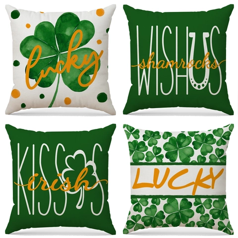 Fodera per Cuscino in Lino per San Patrizio Trifoglio Verde Lettere Lucky Copricuscino Decorativo per Divano Casa