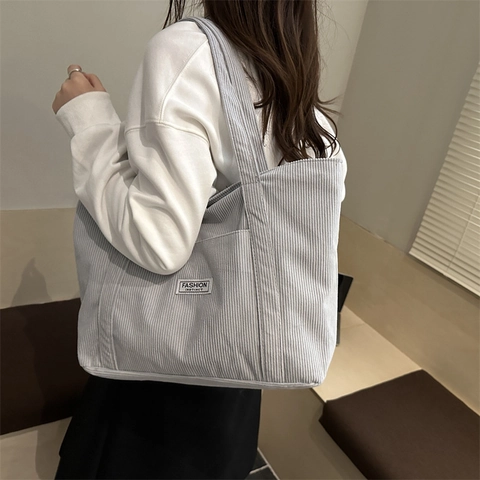 Women's Large Capacity Corduroy Tote Bag Fashion Striped Shoulder Bag With Zipper Closure Casual Daily Commute Handbag