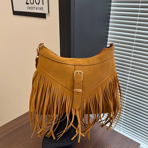 Fringe Tassel Shoulder Bag Suede Texture PU Leather Bohemian Style Adjustable Strap Vintage Crossbody For Women