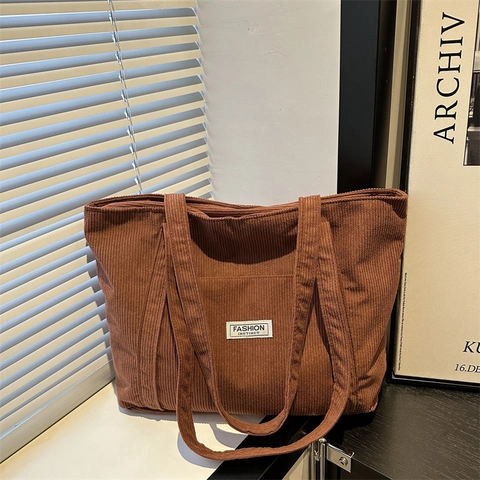 Borsa Tote da Donna in Velluto a Coste Grande Capacità Minimalista Vintage Borsa a Tracolla Per Pendolarismo Quotidiano Shopping